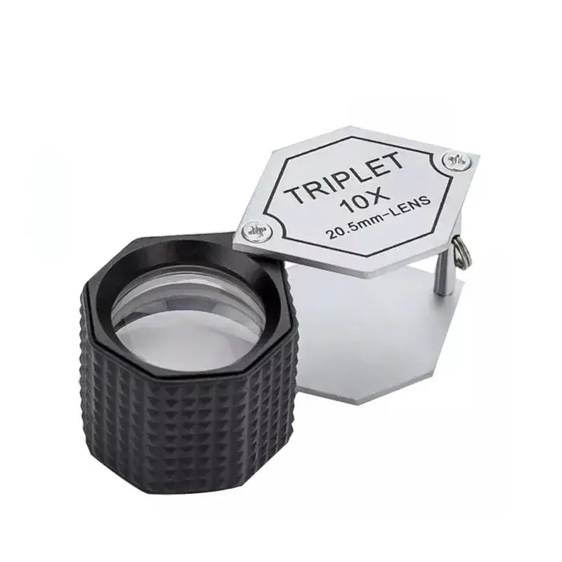 Professional 10x triplet hexagon loupe with a 20.5mm large lens and textured rubber non-slip grip.