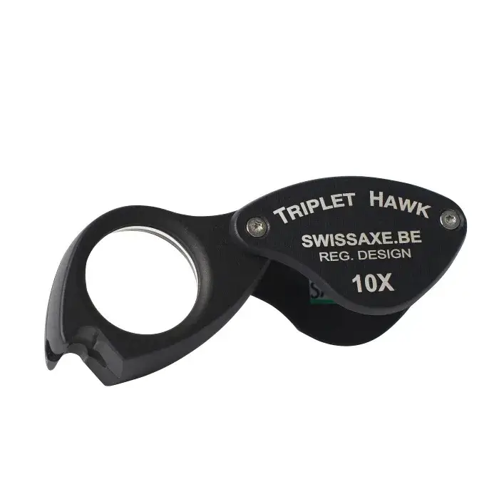 A sleek black Swiss Axe Triplet Hawk 10X professional gemological loupe magnifier.