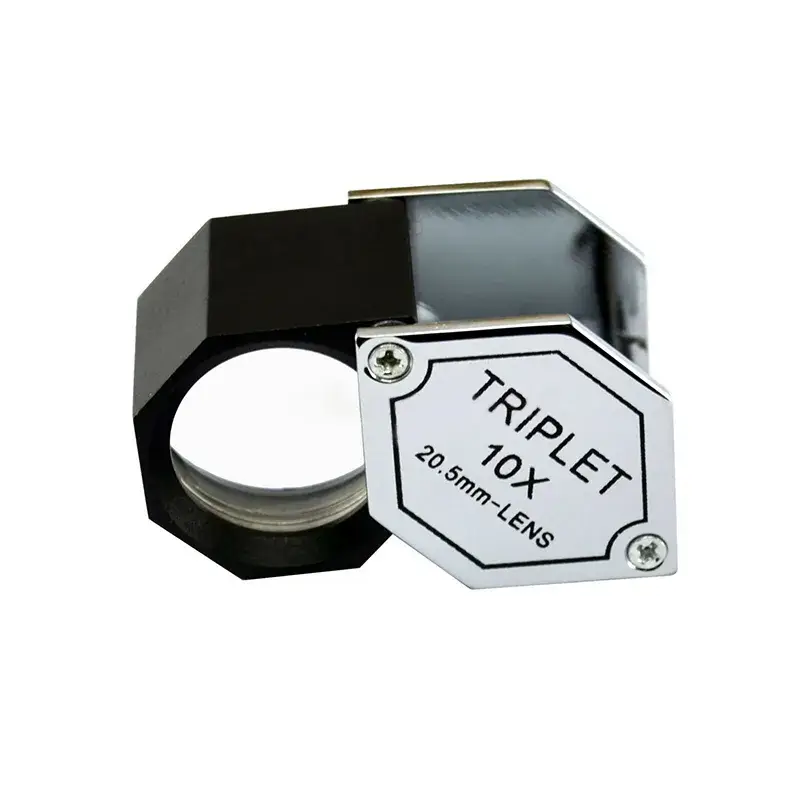 Hexagonal 10x triplet jewelry loupe with a 20.5mm large lens and durable chrome-plated folding housing.