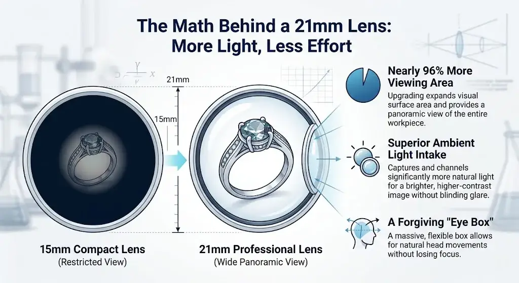 Infographic comparing a 15mm compact lens with a 21mm professional lens showing a wider viewing area for a diamond ring.