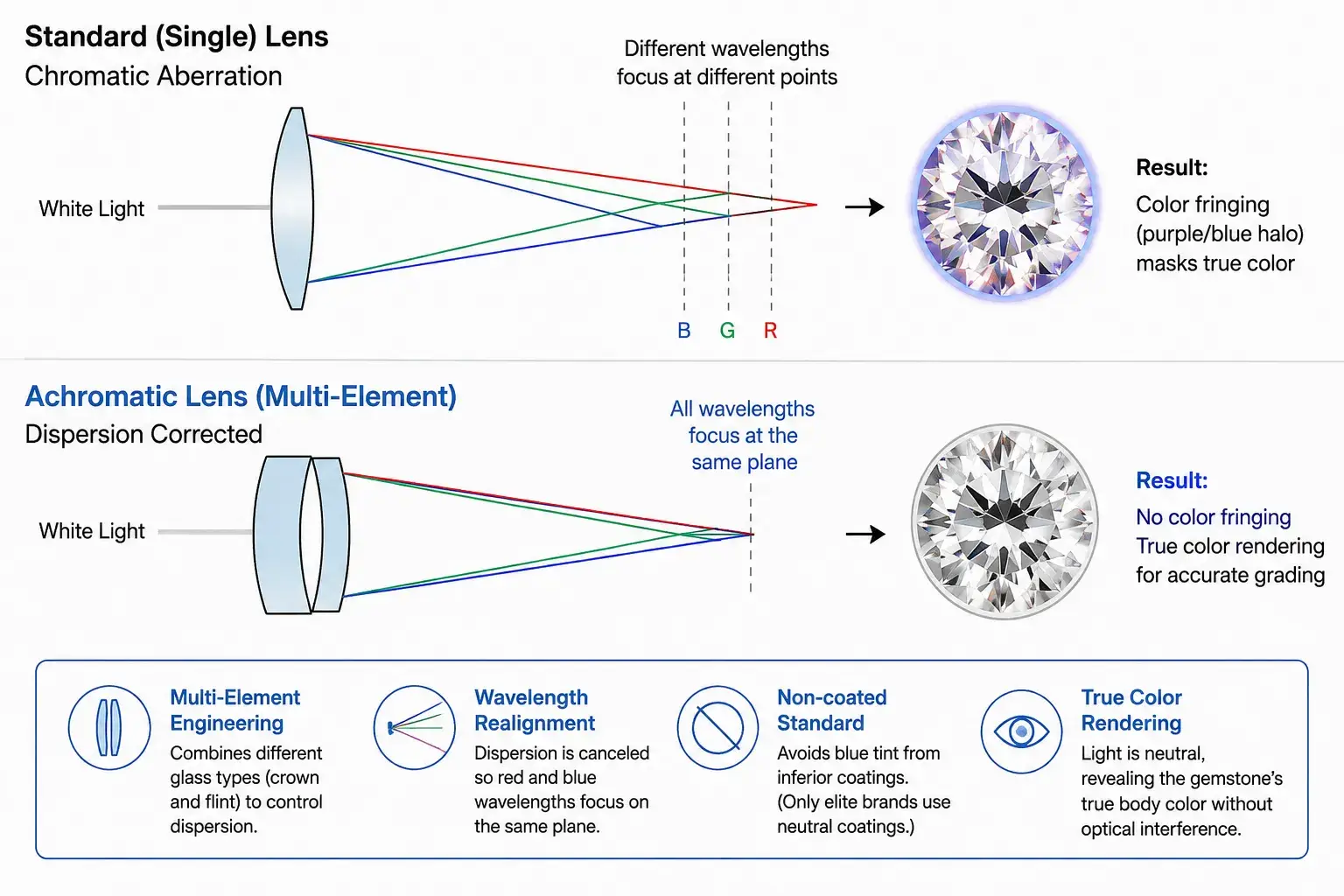 Diagram showing how achromatic lenses correct chromatic aberration and eliminate color fringing for accurate grading.
