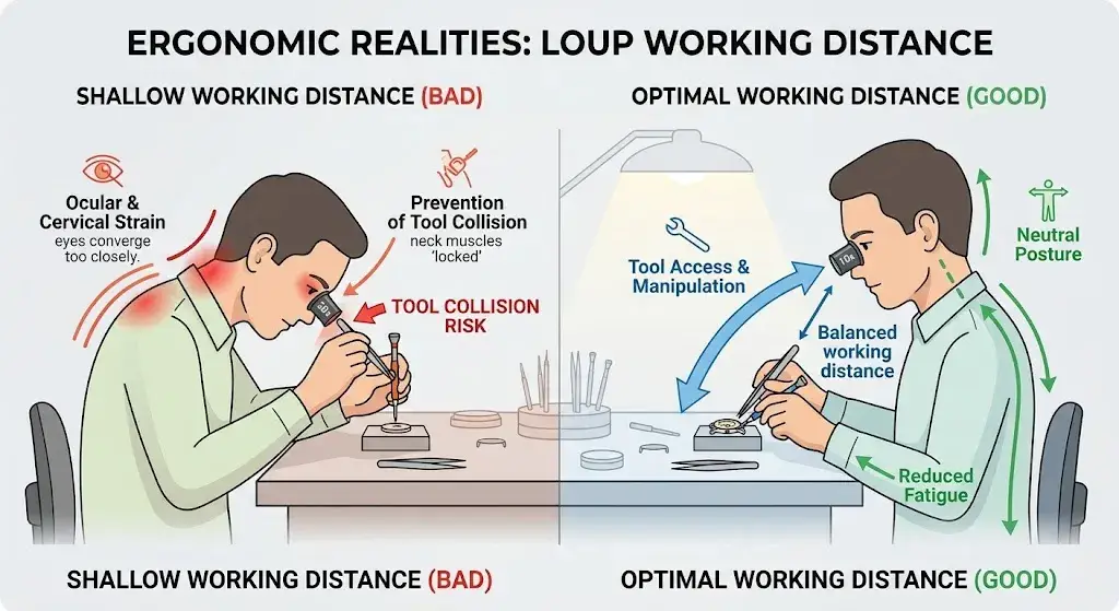 Illustration comparing bad posture from shallow working distance with optimal neutral posture using a 10x loupe.