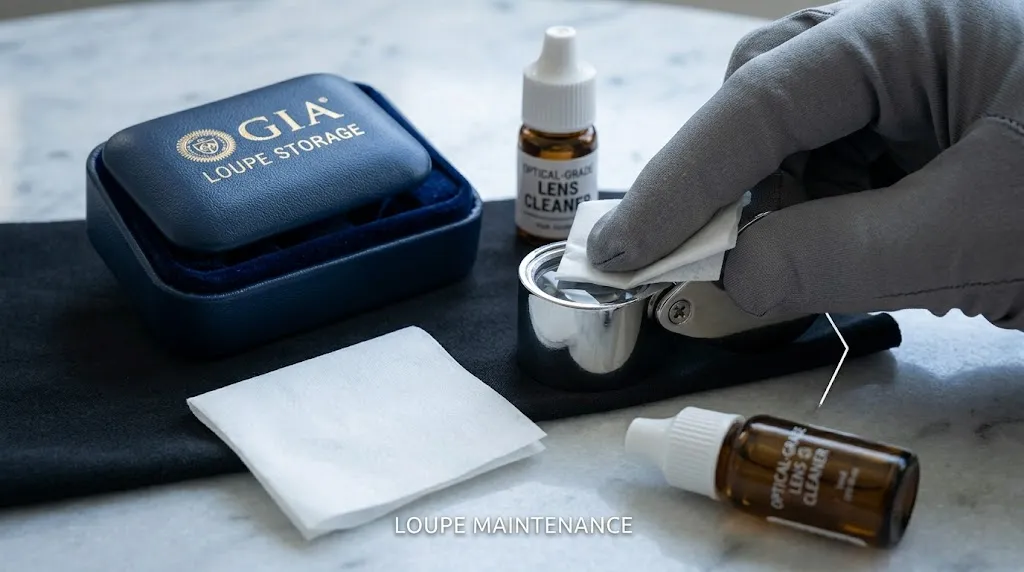 Professional loupe cleaning process using optical-grade lens cleaner, microfiber pads, and a GIA storage case.