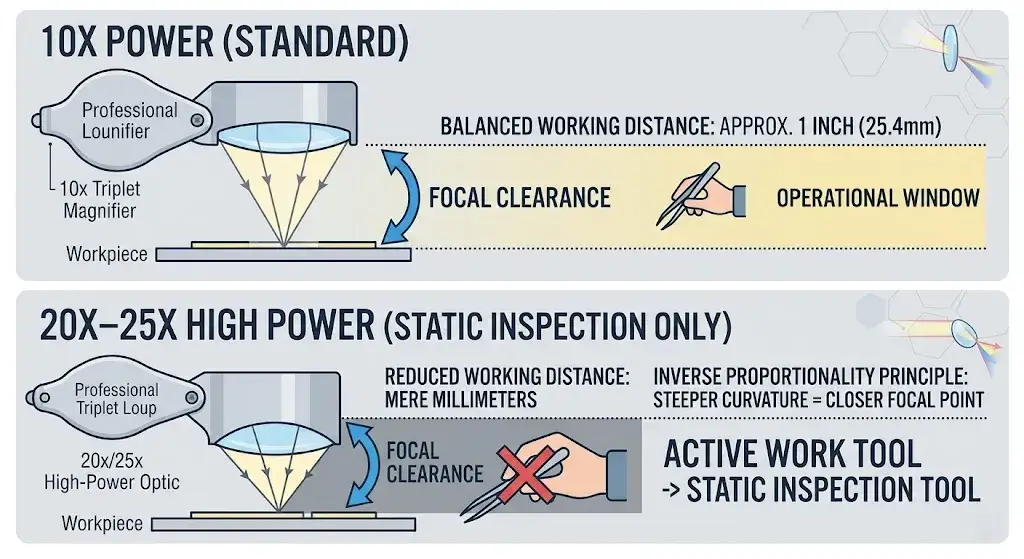 Diagram comparing focal clearance and operational windows of a standard 10x loupe versus a 20x-25x high-power optic.
