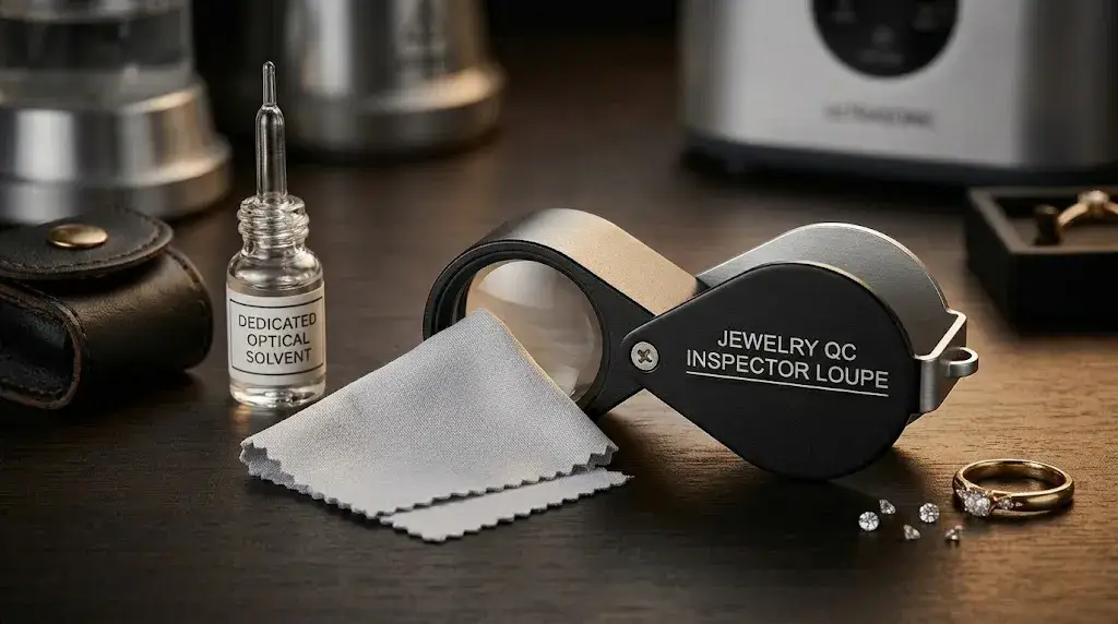 Jewelry inspector loupe with a microfiber cloth and dedicated optical solvent for lens maintenance and care.