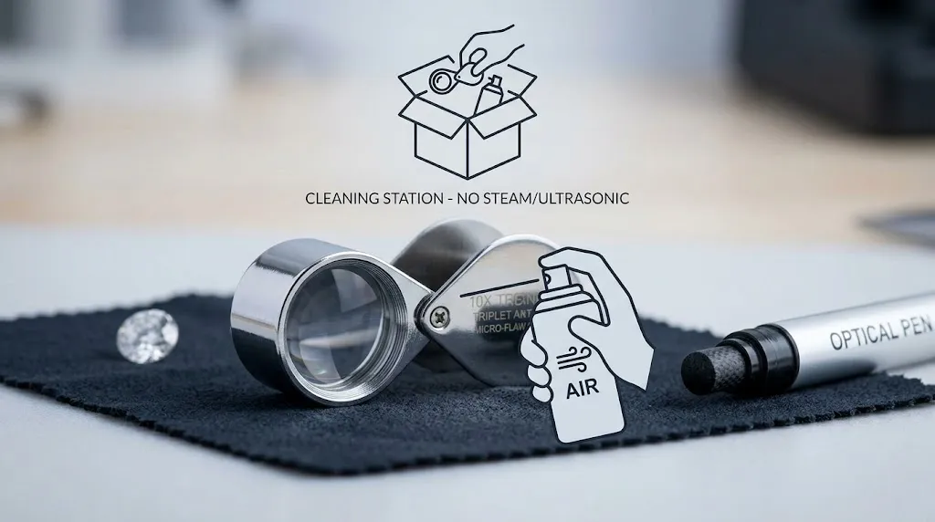 Professional cleaning station for jewelry loupes featuring compressed air, an optical pen, and a microfiber mat.