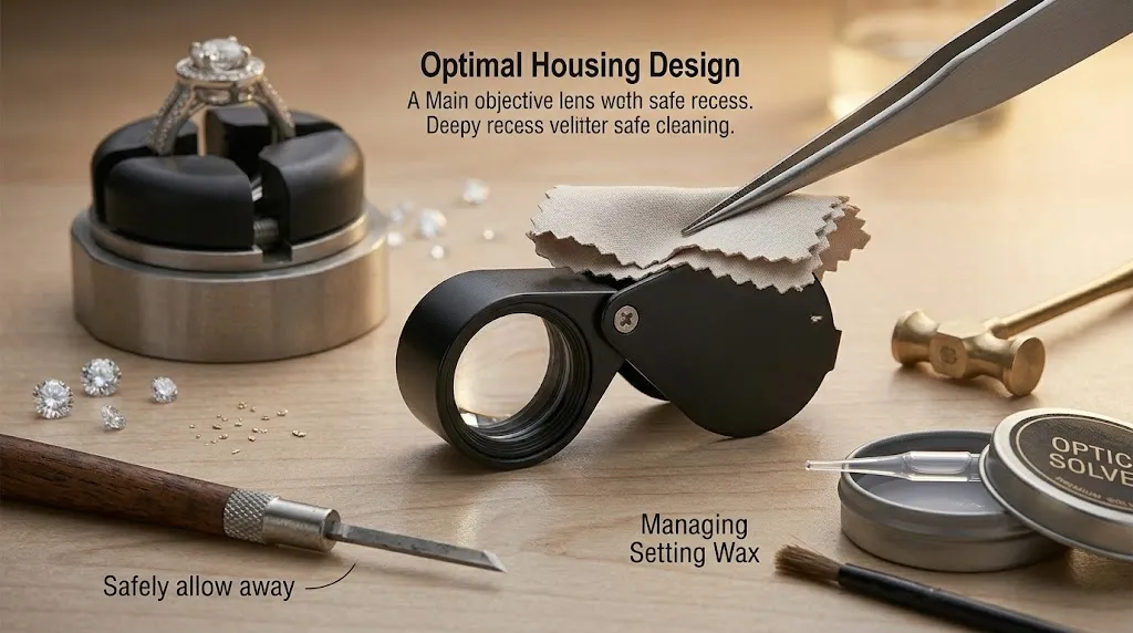 Jewelry loupe with optimal recessed lens design shown with a cleaning cloth, tweezers, and setting wax for maintenance.