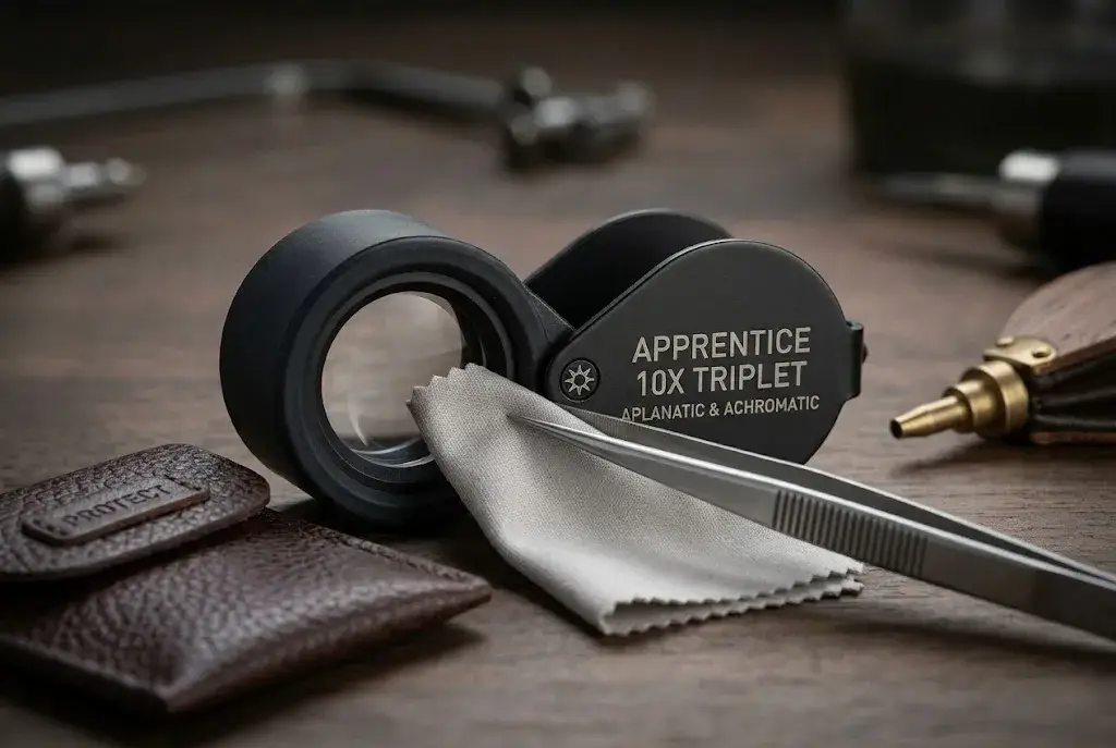 A 10x jewelry loupe shown with a microfiber cleaning cloth, leather protective pouch, and goldsmith tools.