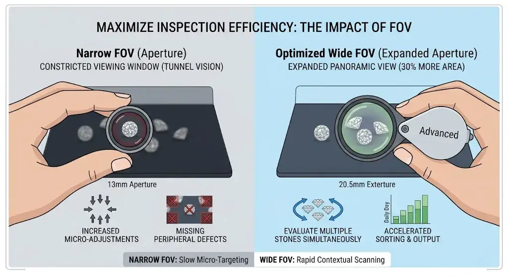 Illustration showing how a wide field of view allows evaluating multiple stones simultaneously for rapid sorting.