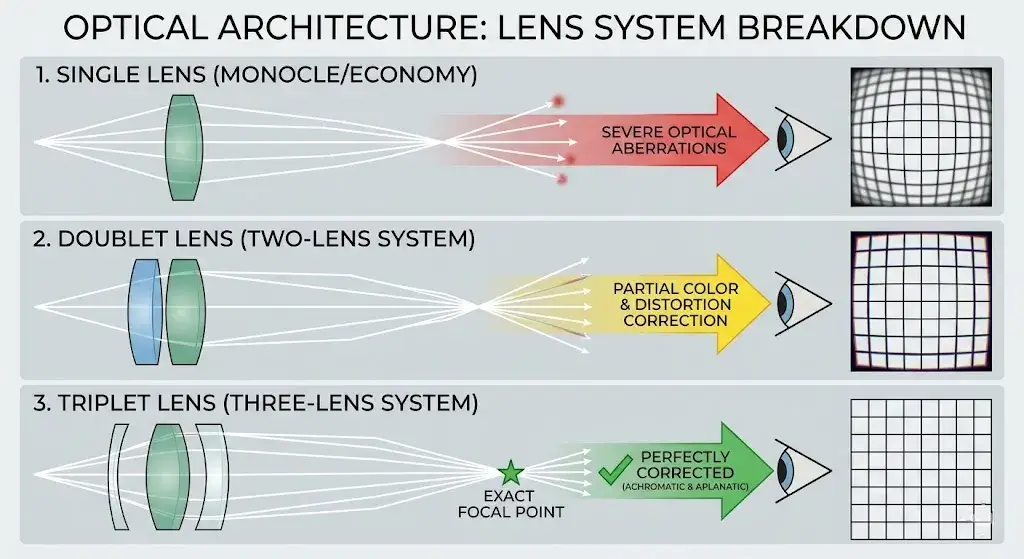 Diagram comparing aberrations in a single lens, doublet lens, and a perfectly corrected triplet lens system.