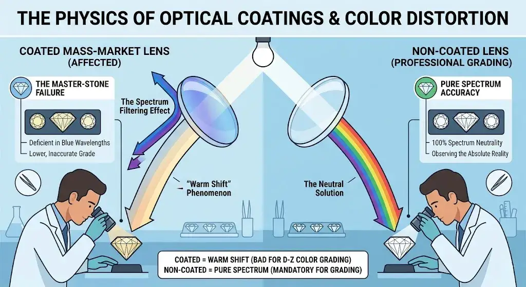 Diagram illustrating how a coated lens causes a warm shift vs how a non-coated lens keeps pure spectrum neutrality.