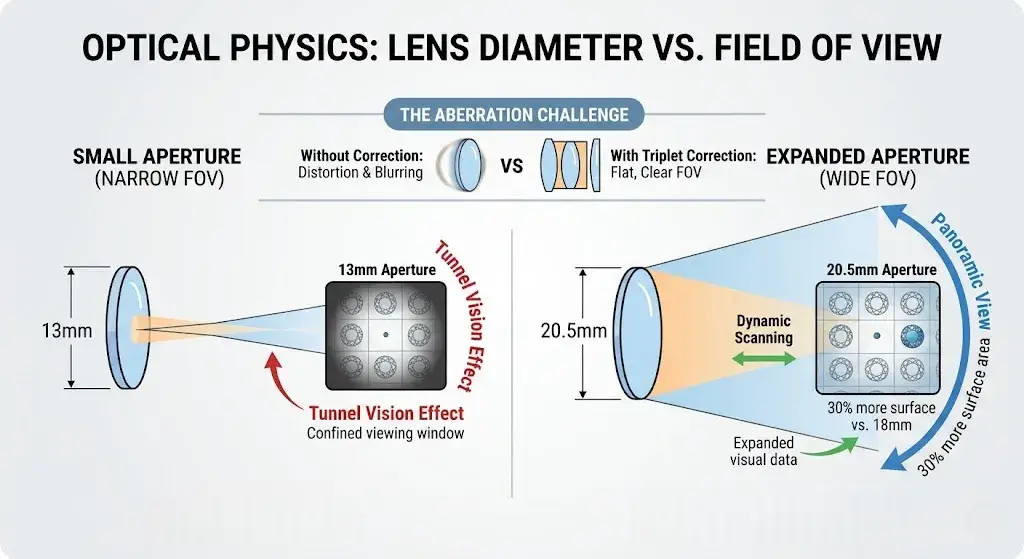 Diagram comparing tunnel vision effect of a 13mm aperture with panoramic view of a 20.5mm triplet lens.