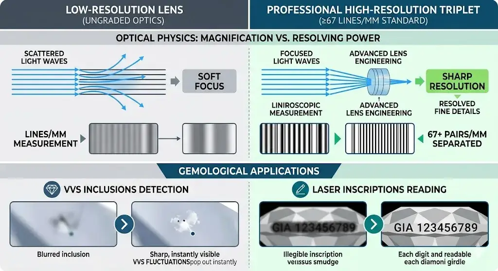 Infographic comparing a low-resolution lens to a professional triplet lens for VVS inclusion and laser reading.