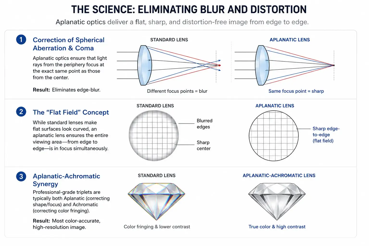 Diagram comparing standard vs. aplanatic lenses, highlighting the elimination of edge-blur and spherical aberration.