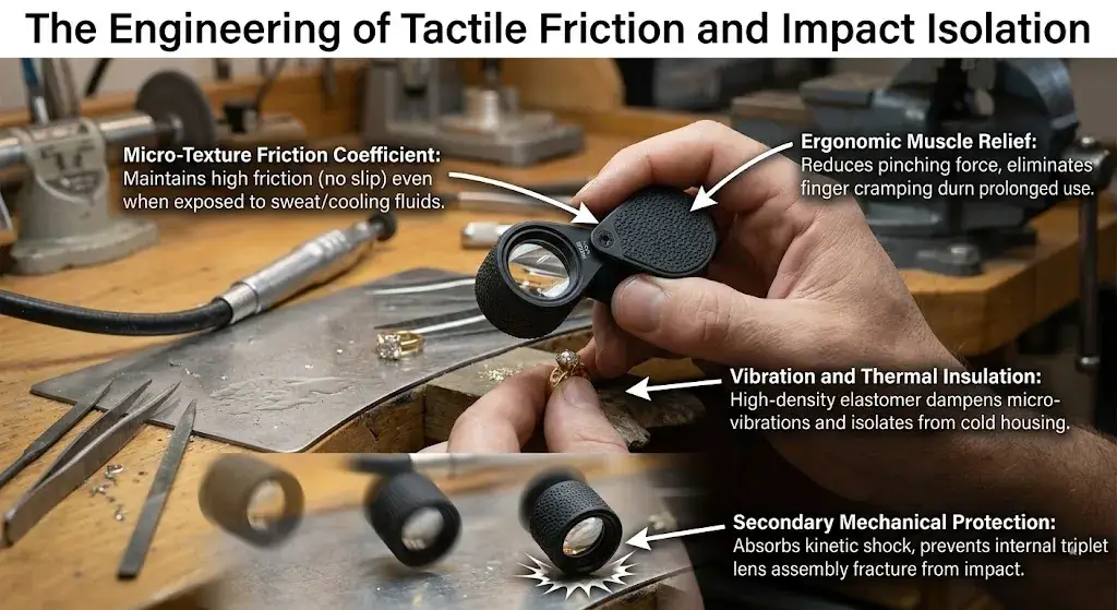 Infographic showing how a rubberized loupe grip provides friction coefficient, muscle relief, and shock absorption.
