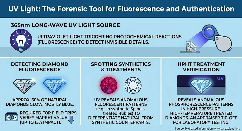 Infographic explaining 365nm UV light use for diamond fluorescence, spotting synthetics, and HPHT treatment checks.