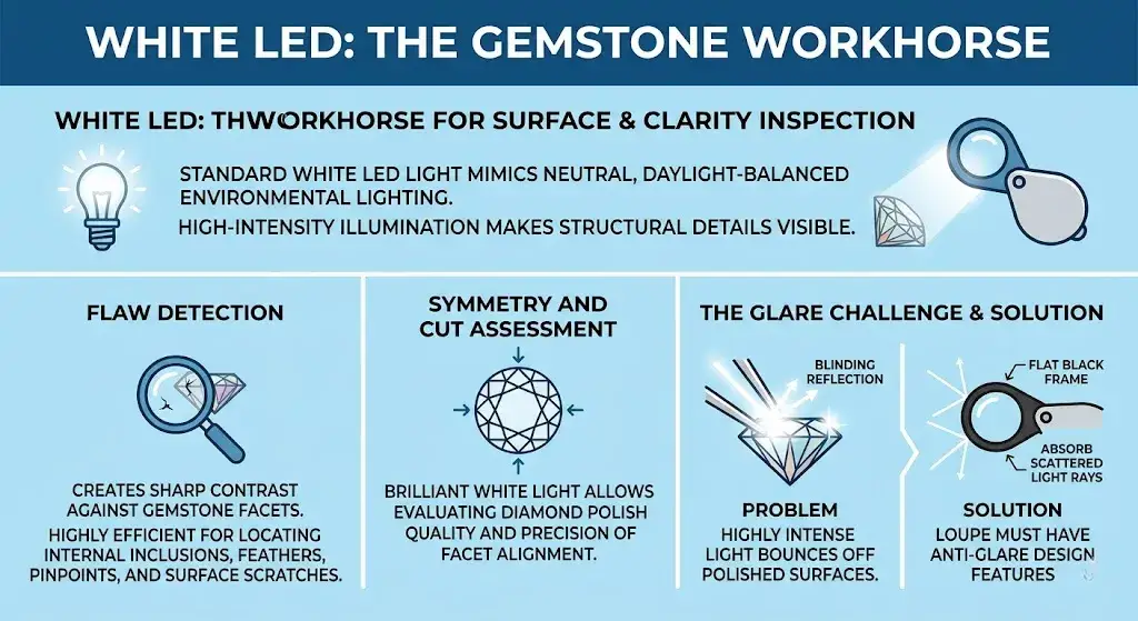 Infographic showing how white LED light helps in gemstone flaw detection, cut assessment, and overcoming glare.