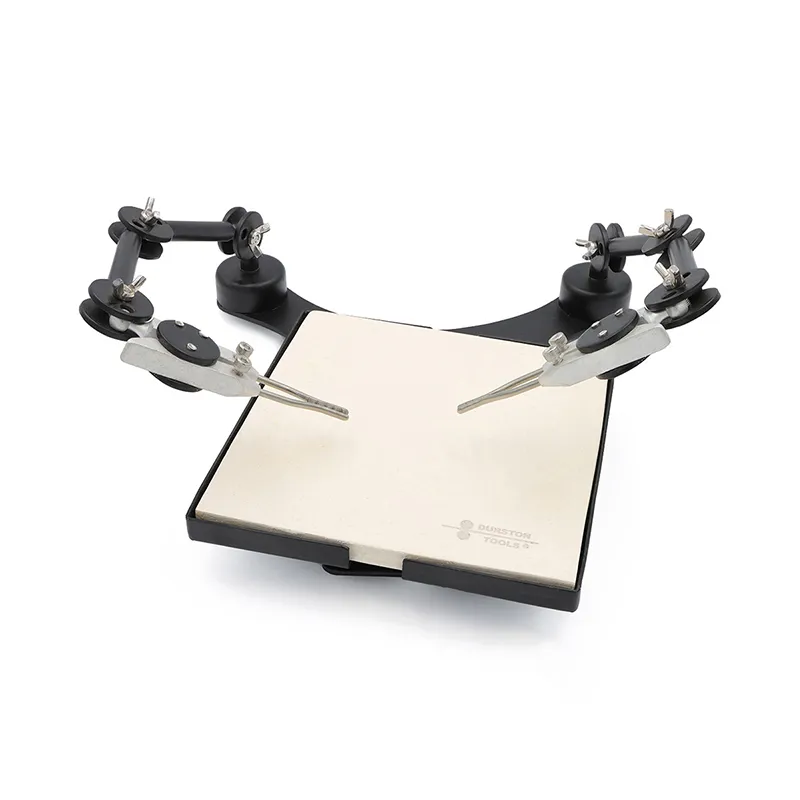 Durston third hand soldering station featuring adjustable dual twin clips holding a square soldering board.