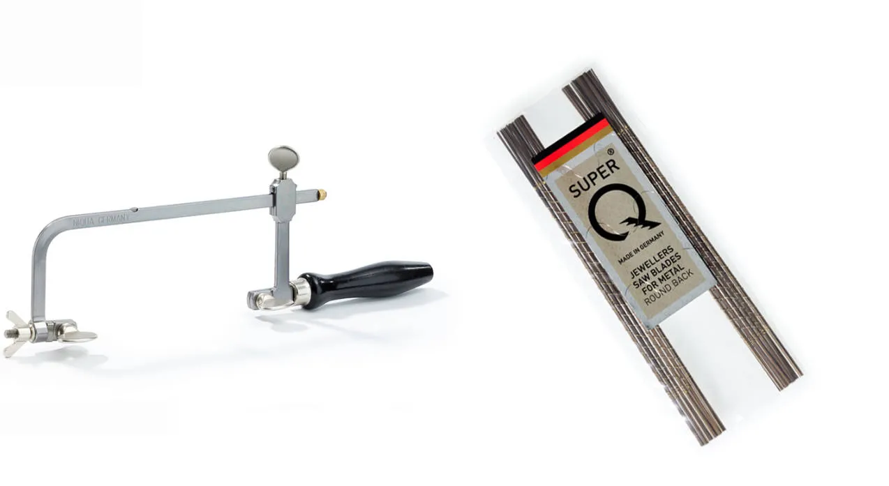 NIQUA adjustable jeweler's saw frame alongside a pack of Super Q professional metal saw blades.