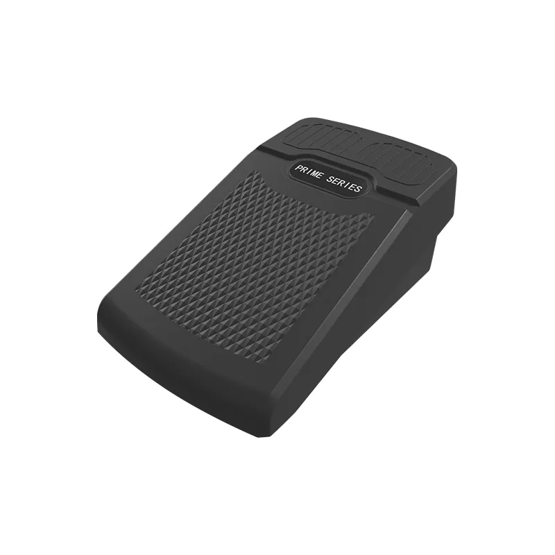 Top oblique view of the textured black RHJC Prime Series wireless Bluetooth micromotor speed control foot pedal. Top oblique view of the textured black RHJC Prime Series wireless Bluetooth micromotor speed control foot pedal.