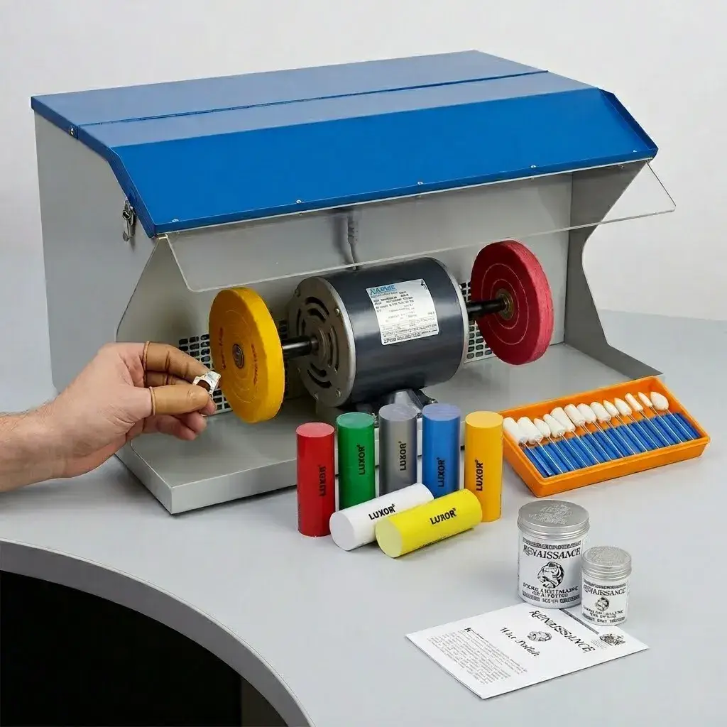 A dual-spindle polishing machine fitted with fiber sanding wheels next to Luxor polishing compounds and Renaissance wax.