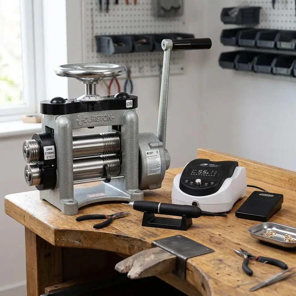 A manual Durston rolling mill standing next to a digital micromotor control unit and handpiece on a wooden bench.