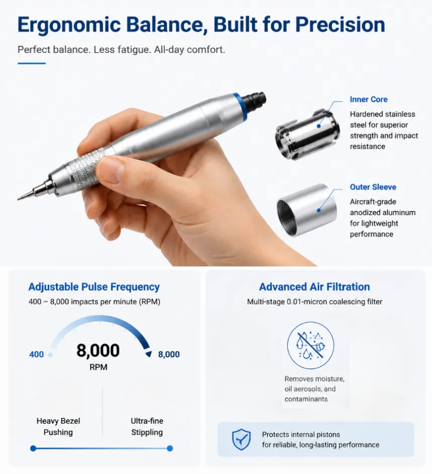 Hand holding a pneumatic graver handpiece with callouts detailing internal core, outer sleeve, and adjustable pulse features.
