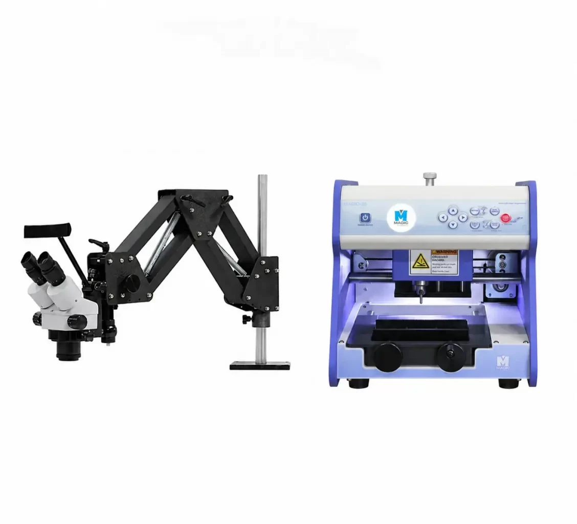 A professional gemological microscope on an articulated arm next to a compact blue and white CNC engraving machine.