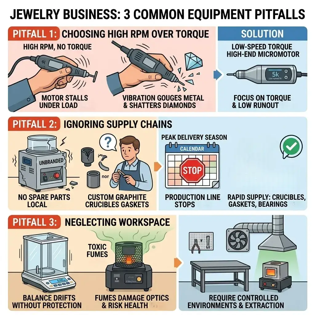 Infographic highlighting three pitfalls: high RPM over torque, ignoring supply chains, and neglecting workspaces.