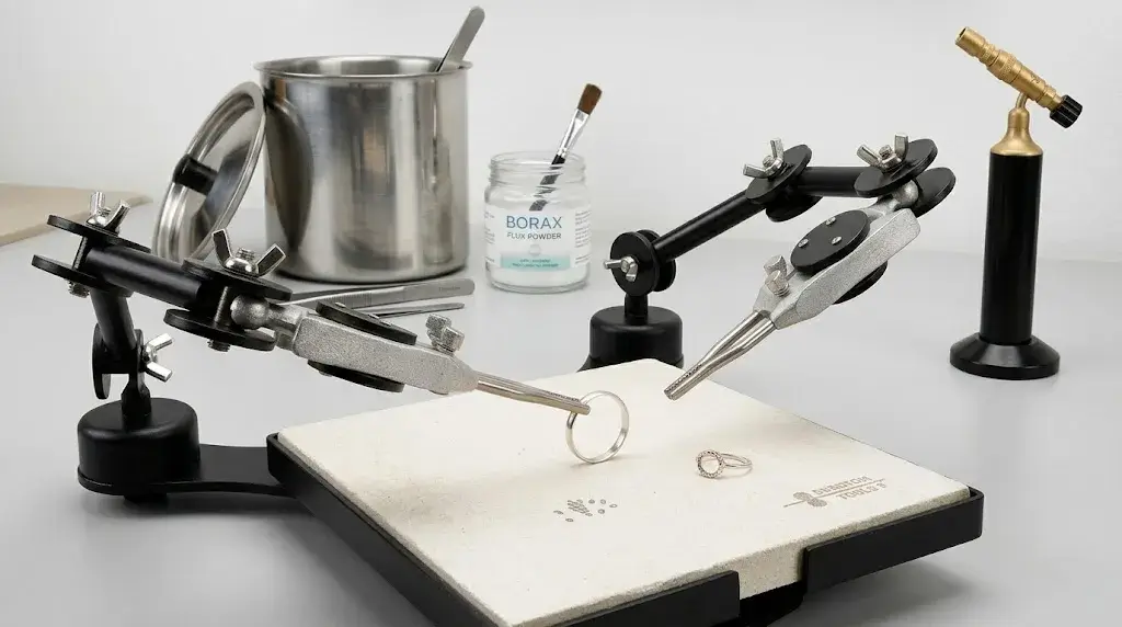 Dual third-hand tweezers holding silver rings over a soldering board alongside a blowtorch and borax flux powder.