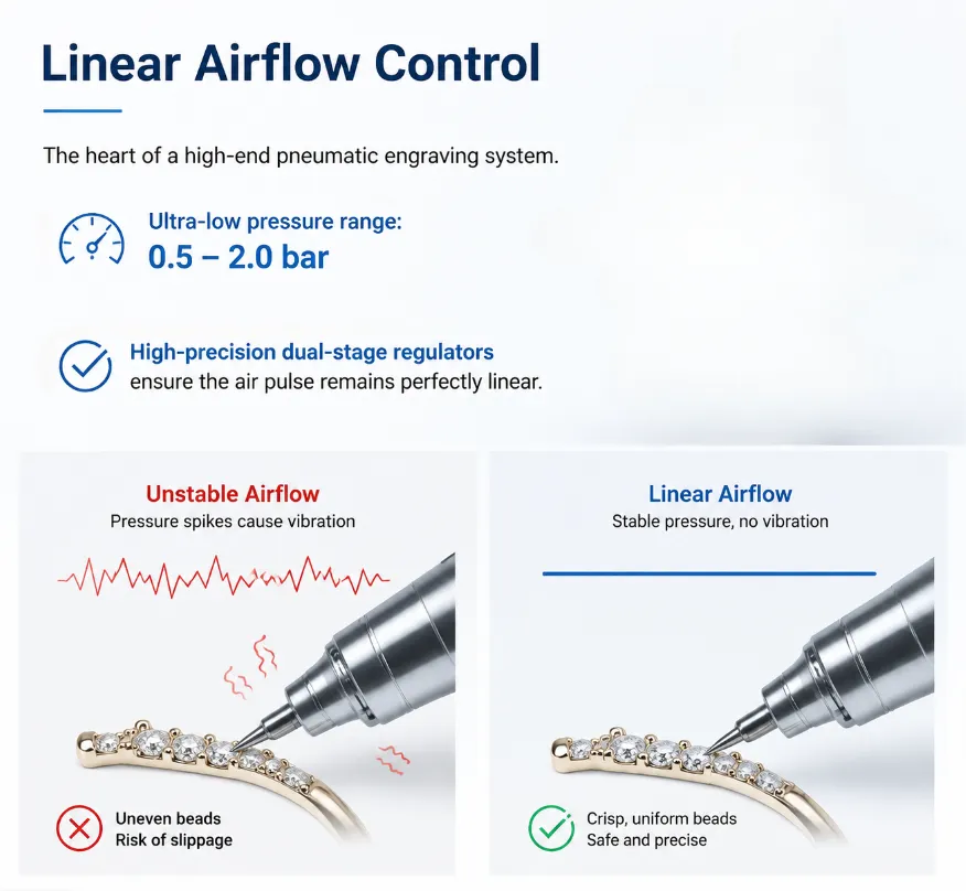 Infographic illustrating the stable linear airflow and precision of high-end pneumatic engraving systems versus unstable flow.