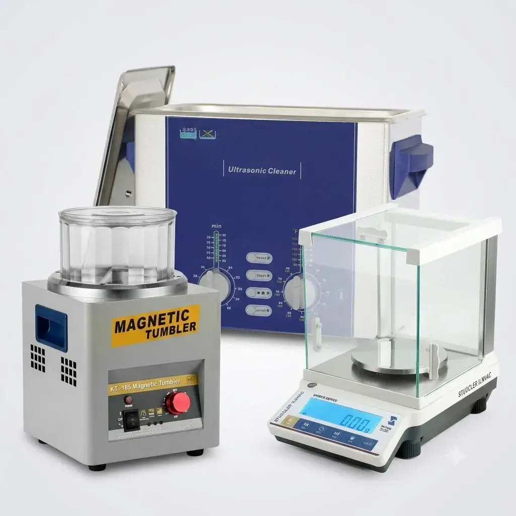 A magnetic tumbler, an ultrasonic cleaning unit, and a high-precision digital lab scale arranged together.