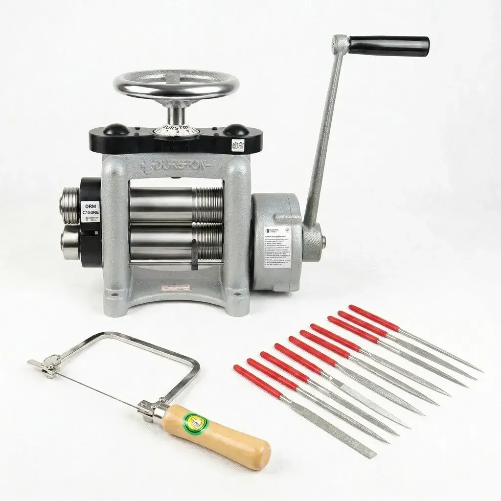 A classic silver Durston manual rolling mill paired with a wooden-handled jeweler saw frame and mini needle files.