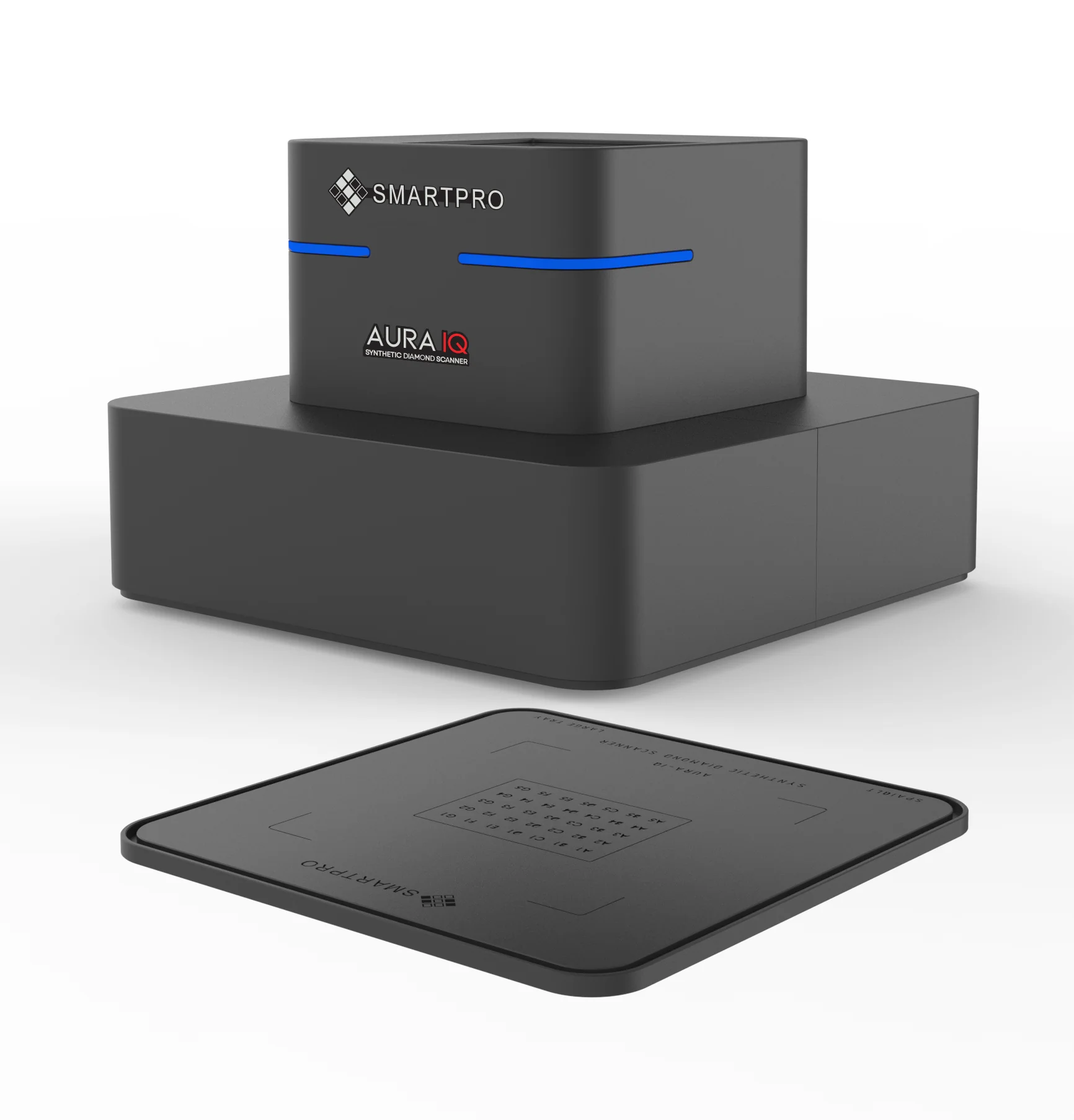 The SmartPro Aura IQ scanner module angled beside the large, empty alphanumeric coordinate scanning grid tray. The SmartPro Aura IQ scanner module angled beside the large, empty alphanumeric coordinate scanning grid tray.