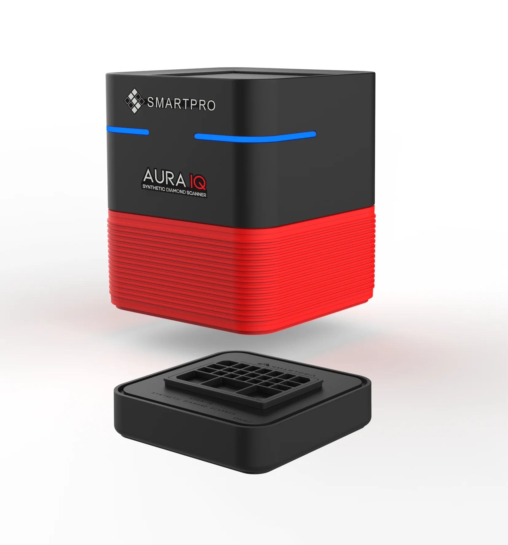 Oblique side view of the SmartPro Aura IQ main scanner housing suspended directly above the small compartmentalized grid tray. Oblique side view of the SmartPro Aura IQ main scanner housing suspended directly above the small compartmentalized grid tray.