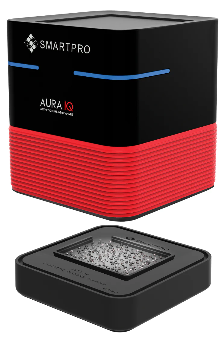 The SmartPro Aura IQ device shown with its specialized small tray loaded with multiple loose melee diamond specimens. The SmartPro Aura IQ device shown with its specialized small tray loaded with multiple loose melee diamond specimens.