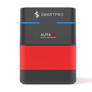 Front view of the SmartPro Aura IQ synthetic diamond screener showcasing its compact premium black and red chassis.