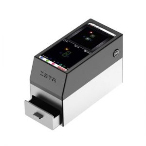 Front view of the ZETA natural diamond scanner showing the front drawer partially open with the Android screen displaying active color-coded test analytics.
