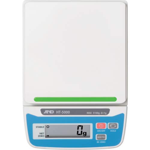 a&d and electronic scale ht 5000 Top-down view of the white A&D HT-5000 portable electronic scale showcasing its model-specific green accent bar and clear 0g reading.