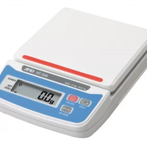 Front right oblique view of the white A&D HT-500 portable electronic scale displaying its blue control face and large digital readout.