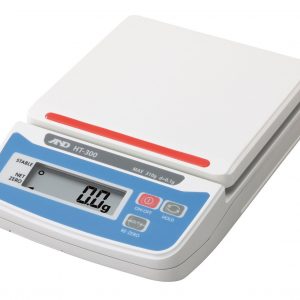 Front right oblique view of the white A&D HT-300 portable electronic scale displaying its blue control face and large digital readout.