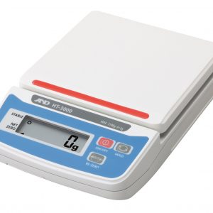 Front right oblique view of the white A&D HT-3000 compact scale illustrating its clean weighing pan platform and integrated buttons.