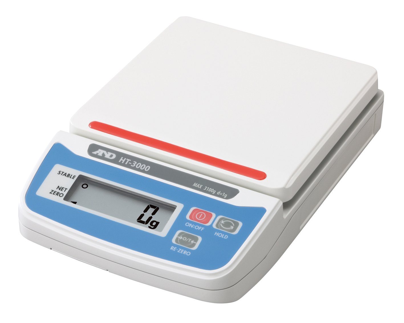 a&d and electronic scale ht 3000 Front right oblique view of the white A&D HT-3000 compact scale illustrating its clean weighing pan platform and integrated buttons.