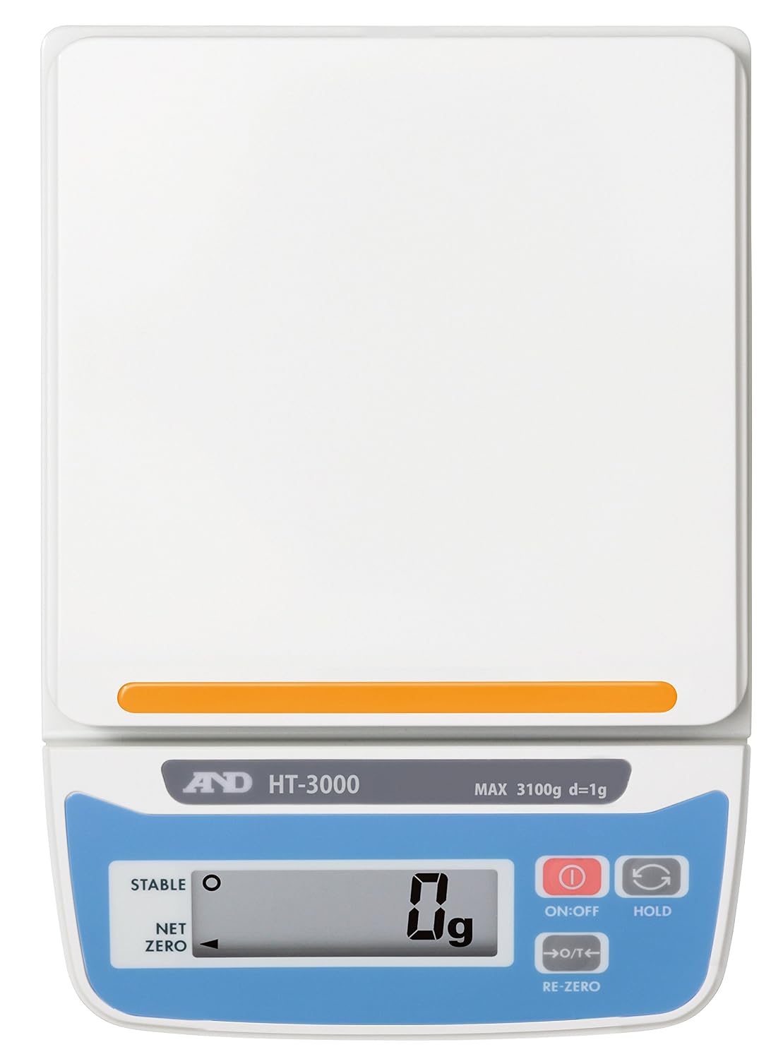 a&d and electronic scale ht 3000 Top-down view of the white A&D HT-3000 portable electronic scale showcasing its blue control face, orange accents, and clear 0g reading.