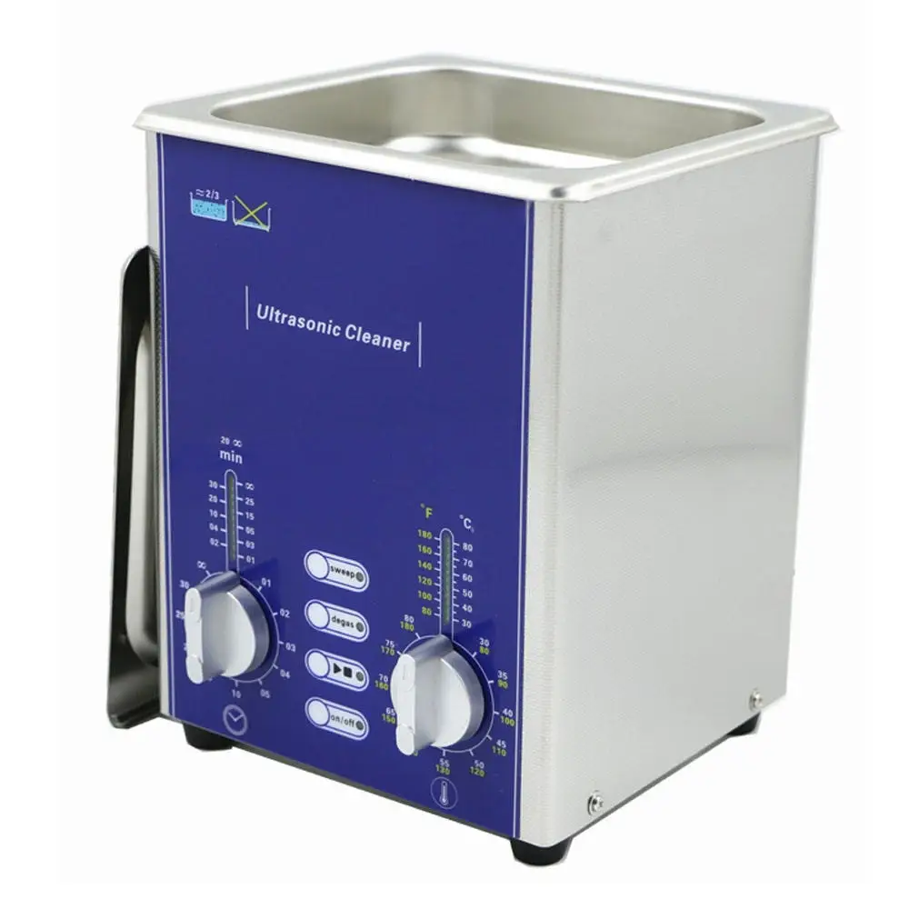 Benchtop ultrasonic cleaner machine featuring dual analog control knobs for timer and temperature