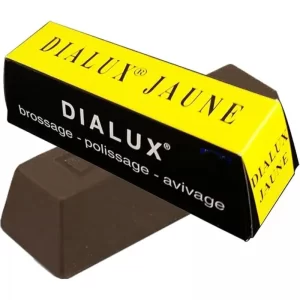 The authentic DIALUX Yellow (Jaune) $110\text{g}$ polishing compound bar shown resting beside its signature yellow and black cardboard box.