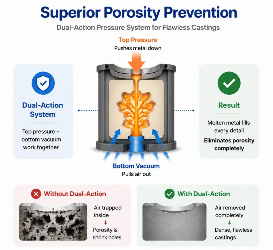 Flawless casting diagram showing how a dual-action top pressure and bottom vacuum system eliminates porosity.