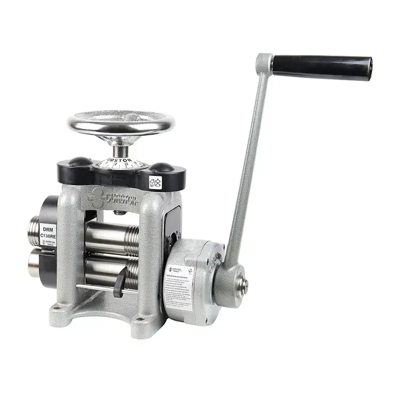 A Durston DRM C130RE manual combination rolling mill with extension rollers for flattening sheet metal and wire in jewelry making.