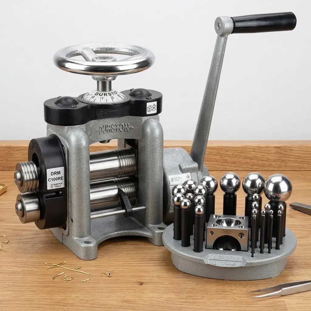 A silver Durston manual rolling mill machine next to a steel dapping punch block set on a wooden table.