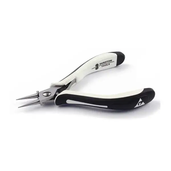 Durston Tools professional round-nose pliers with comfortable black and white ergonomic grip handles for jewelry wire wrapping.